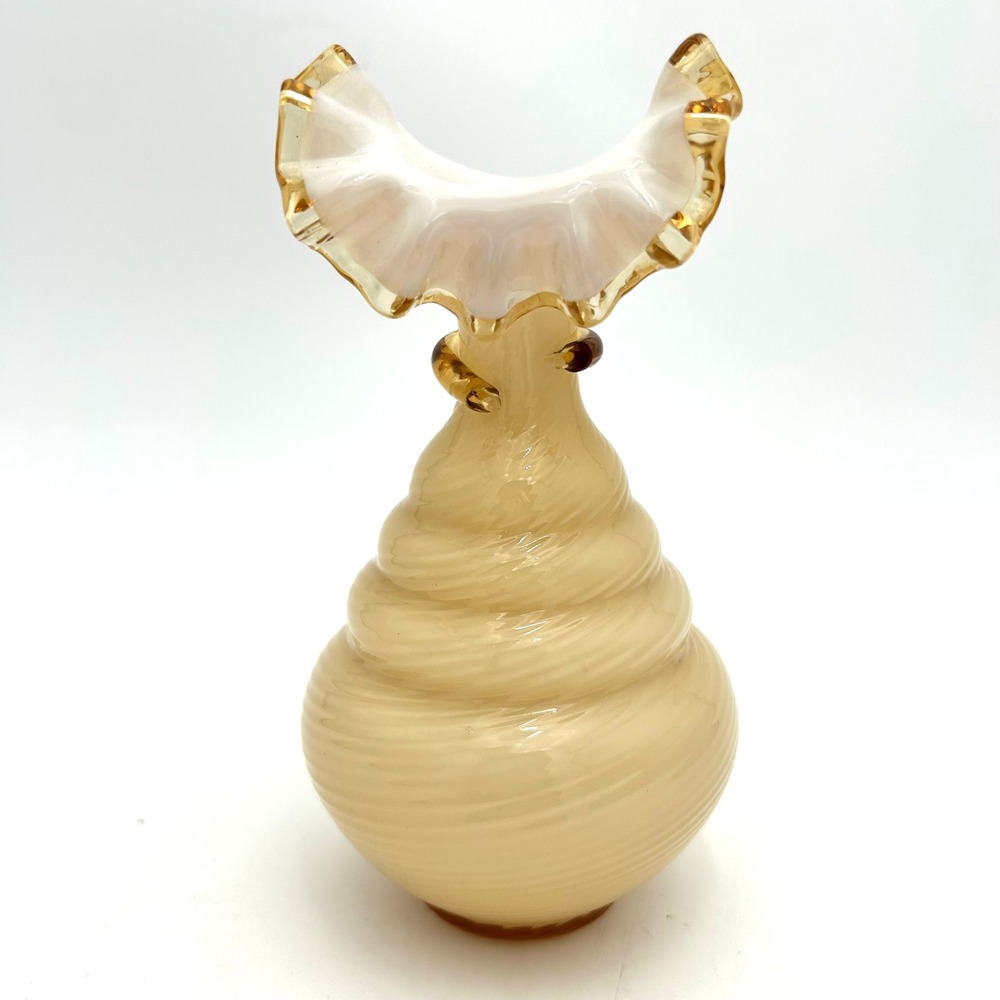 Vintage Amber Snow Crest Spiral Swirl Art Glass White Ruffled Art Glass